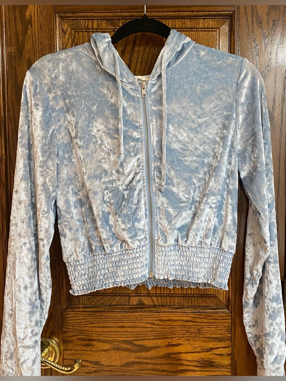 Icy Pastel Blue Crushed Velvet Cropped Zip-up Y2K